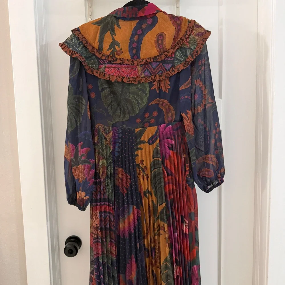 Farm Rio Mixed Print Pleated Maxi Dress Boho Colorful Maximalist Modest Vacay XS - Picture 6 of 8